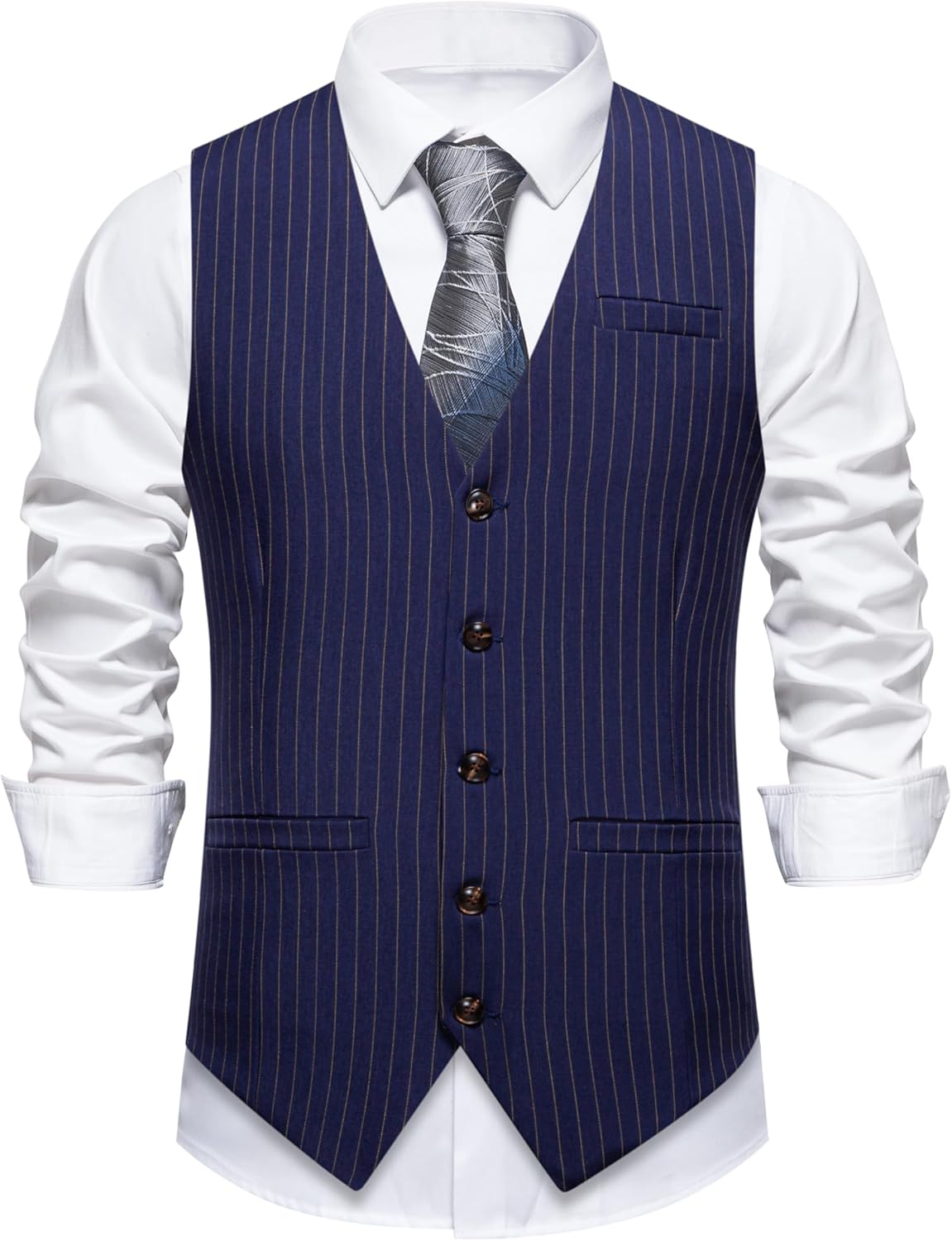 Mens Suit Vest Formal Casual Dress Vest with 3 Pockets Business Wedding Pinstripe Tuxedo Waistcoat Vest for Men