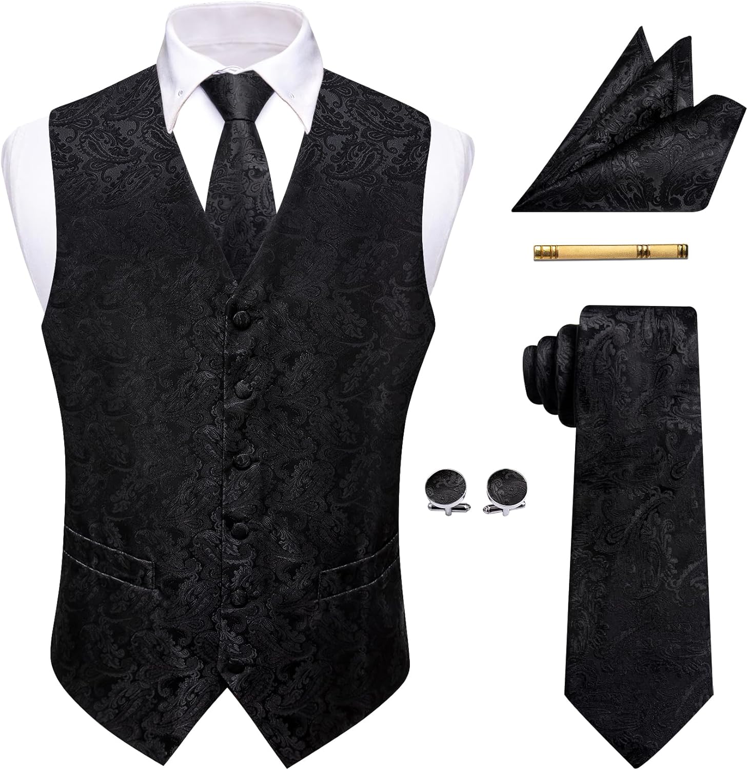 Mens Victorian Vest Tie Set Silk Paisley Suit Vests Formal Waistcoat Gothic Steampunk Vest with Notched Lapels