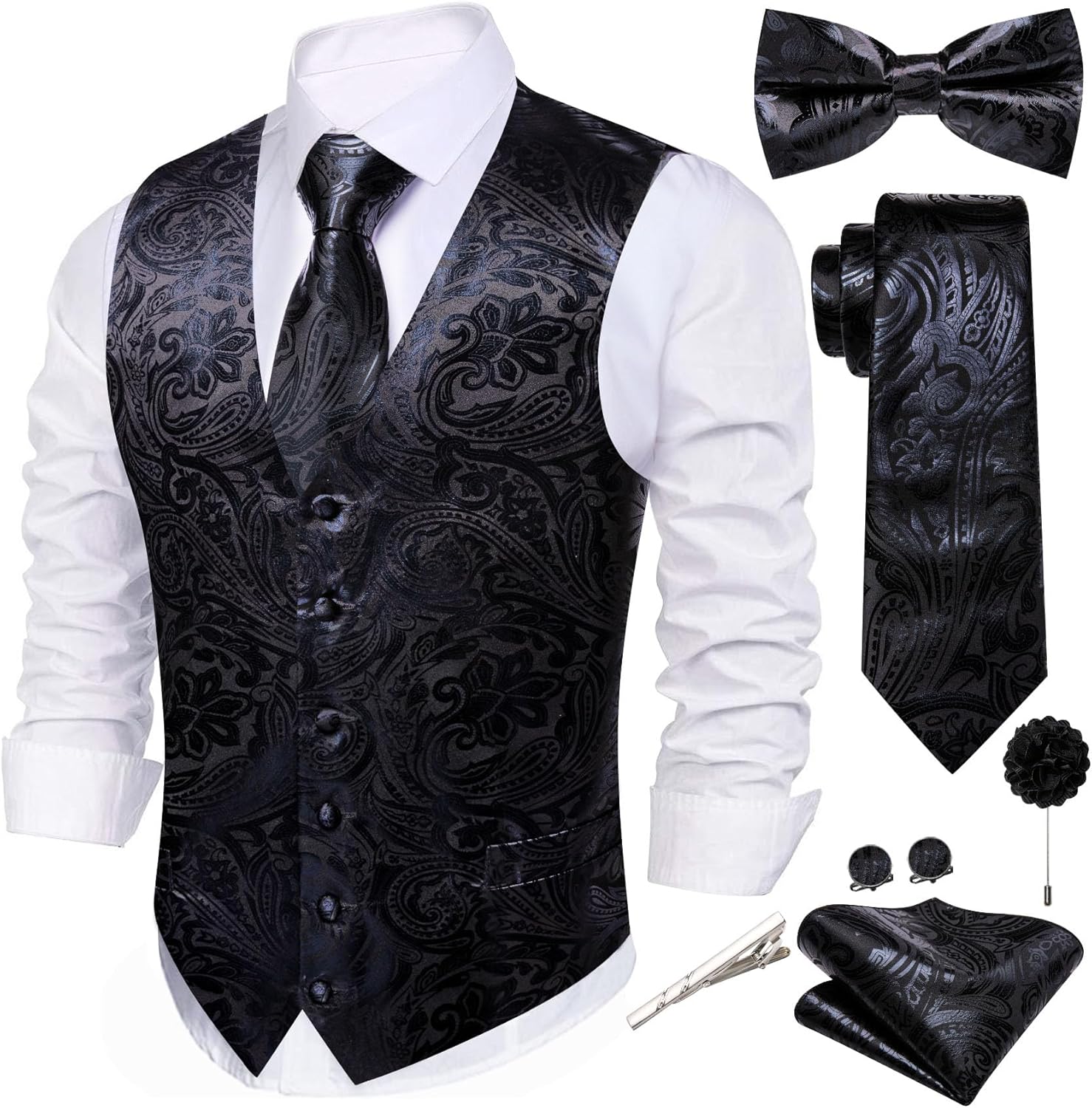 Mens Vest Tie BowTie Set Shiny Floral Suit Vests Necktie Cufflinks Hanky Formal Waistcoat Wedding Party Disco 7PCS